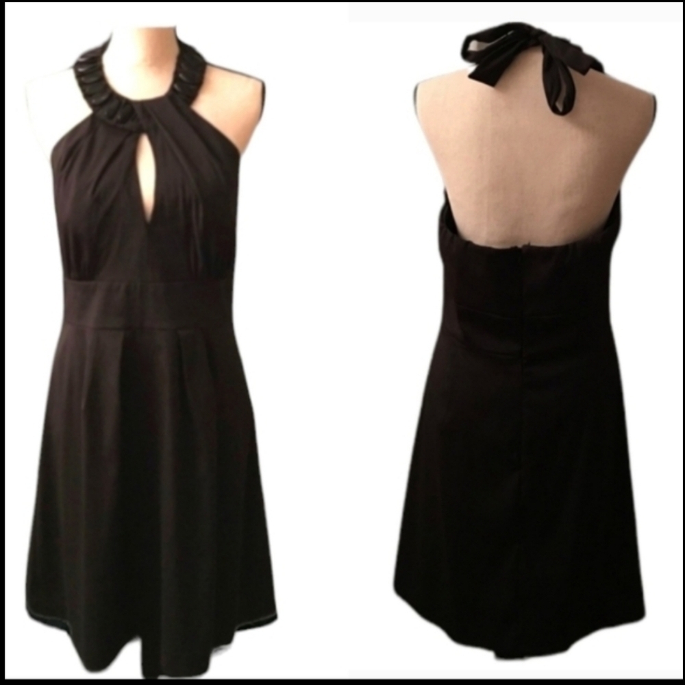 Y2K Rachel Green Black satin keyhole beaded necklace midi halter dress Sz 8